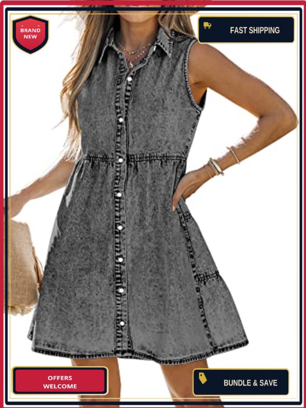 Womens Denim Babydoll Dress Sleeveless Button Down Jean Dress Casual A-Line